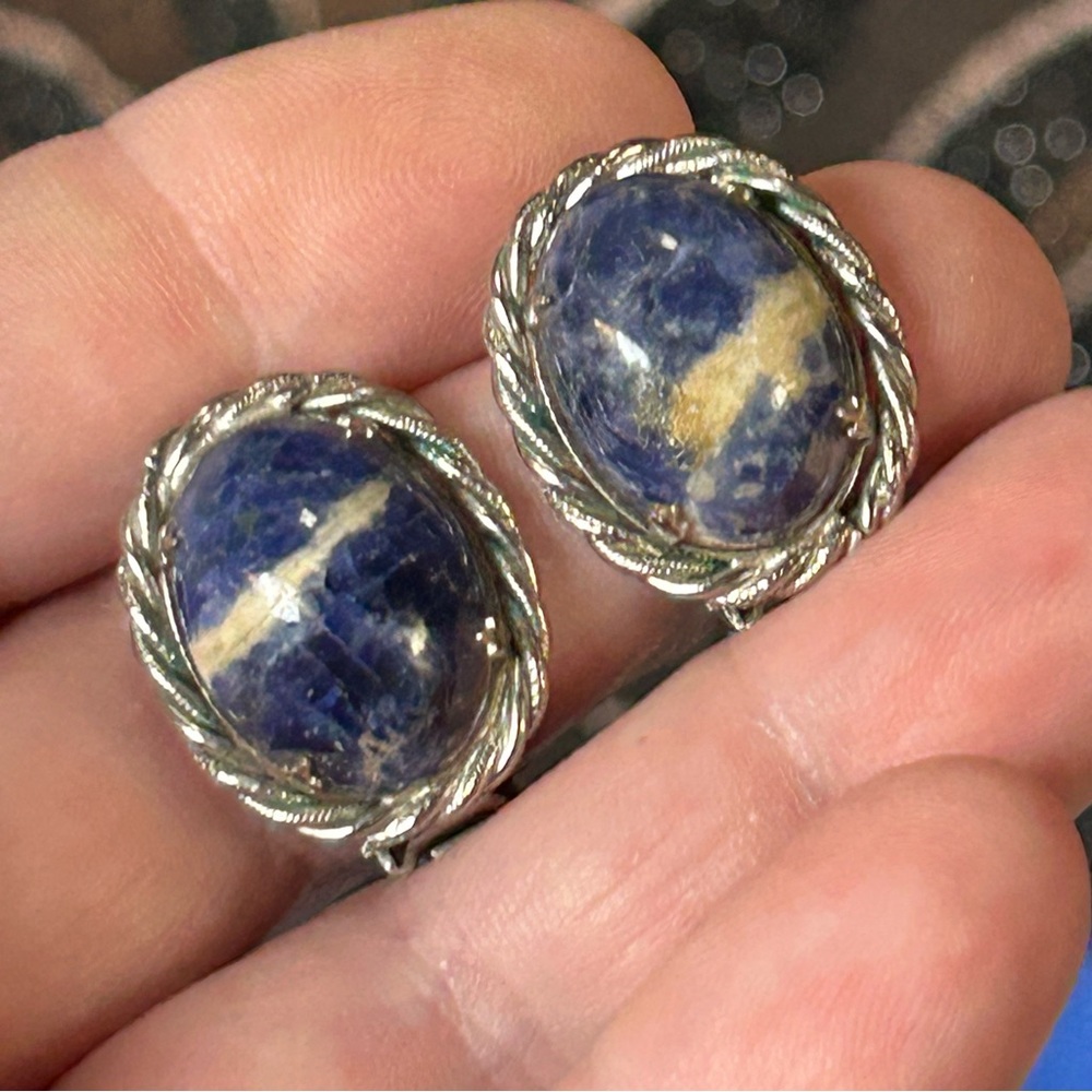 Vintage 70s sodalite cabochon rope edge clip on earrings